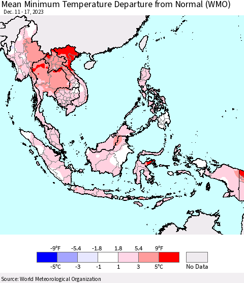 South East Asia Mean Minimum Temperature Departure from Normal (WMO) Thematic Map For 12/11/2023 - 12/17/2023