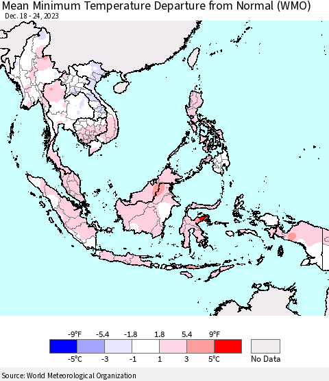 South East Asia Mean Minimum Temperature Departure from Normal (WMO) Thematic Map For 12/18/2023 - 12/24/2023