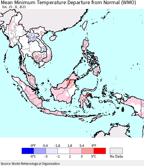South East Asia Mean Minimum Temperature Departure from Normal (WMO) Thematic Map For 12/25/2023 - 12/31/2023