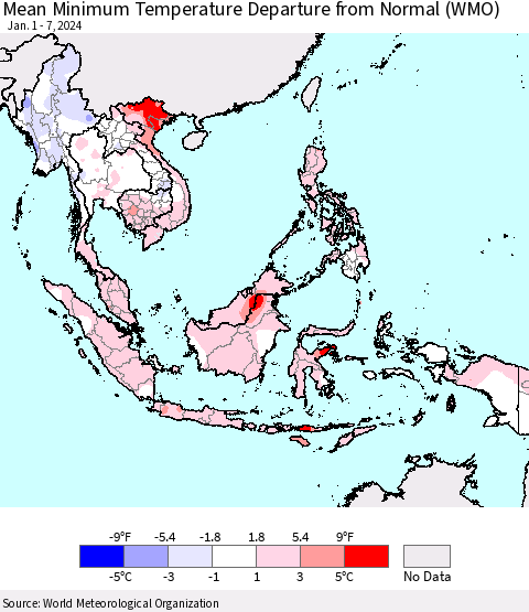 South East Asia Mean Minimum Temperature Departure from Normal (WMO) Thematic Map For 1/1/2024 - 1/7/2024