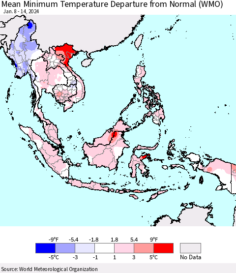 South East Asia Mean Minimum Temperature Departure from Normal (WMO) Thematic Map For 1/8/2024 - 1/14/2024
