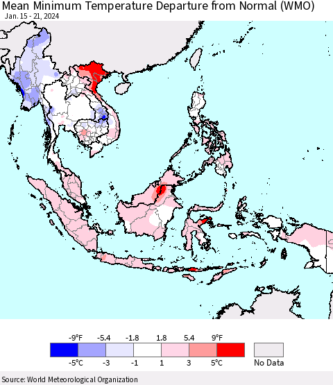 South East Asia Mean Minimum Temperature Departure from Normal (WMO) Thematic Map For 1/15/2024 - 1/21/2024