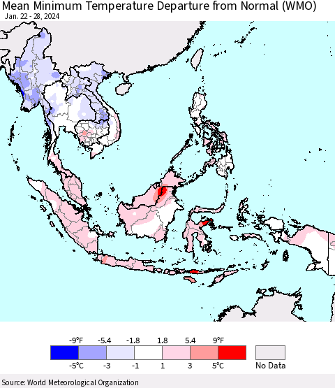 South East Asia Mean Minimum Temperature Departure from Normal (WMO) Thematic Map For 1/22/2024 - 1/28/2024