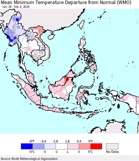 South East Asia Mean Minimum Temperature Departure from Normal (WMO) Thematic Map For 1/29/2024 - 2/4/2024