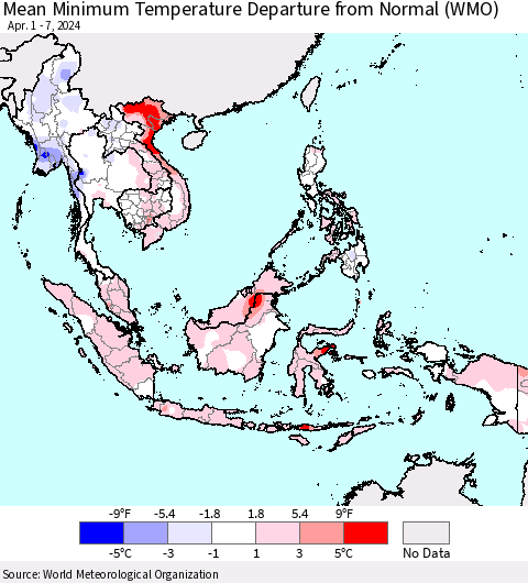 South East Asia Mean Minimum Temperature Departure from Normal (WMO) Thematic Map For 4/1/2024 - 4/7/2024