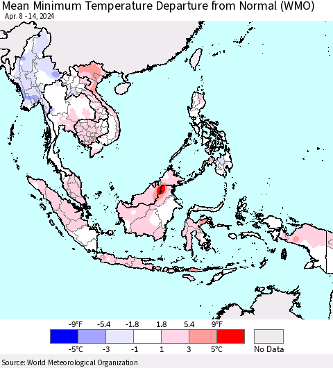 South East Asia Mean Minimum Temperature Departure from Normal (WMO) Thematic Map For 4/8/2024 - 4/14/2024
