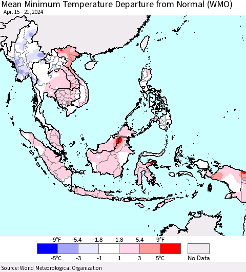 South East Asia Mean Minimum Temperature Departure from Normal (WMO) Thematic Map For 4/15/2024 - 4/21/2024