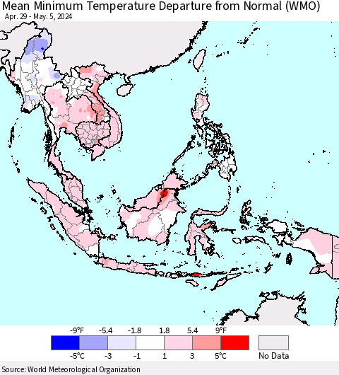 South East Asia Mean Minimum Temperature Departure from Normal (WMO) Thematic Map For 4/29/2024 - 5/5/2024