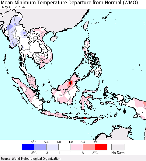 South East Asia Mean Minimum Temperature Departure from Normal (WMO) Thematic Map For 5/6/2024 - 5/12/2024