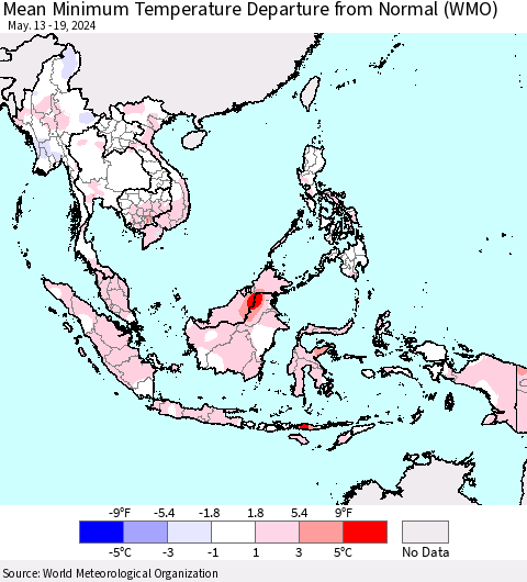 South East Asia Mean Minimum Temperature Departure from Normal (WMO) Thematic Map For 5/13/2024 - 5/19/2024