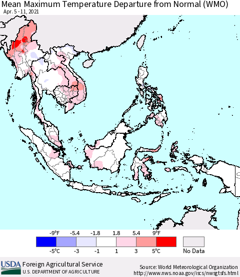 South East Asia Mean Maximum Temperature Departure from Normal (WMO) Thematic Map For 4/5/2021 - 4/11/2021