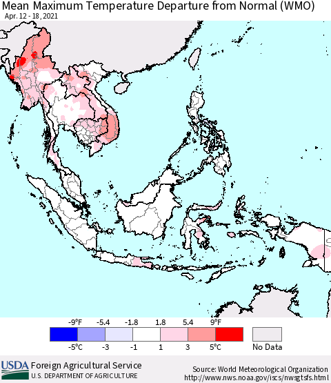 South East Asia Mean Maximum Temperature Departure from Normal (WMO) Thematic Map For 4/12/2021 - 4/18/2021
