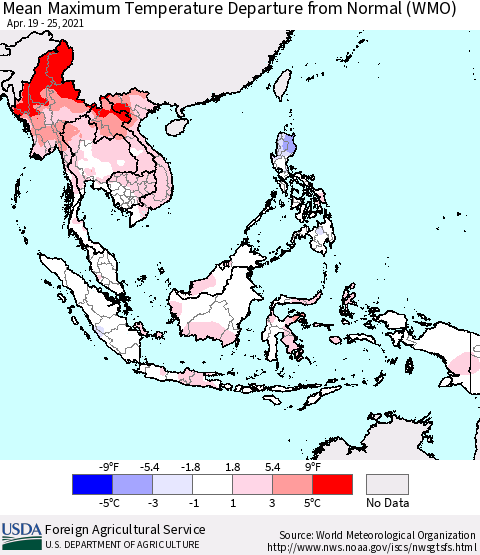 South East Asia Mean Maximum Temperature Departure from Normal (WMO) Thematic Map For 4/19/2021 - 4/25/2021