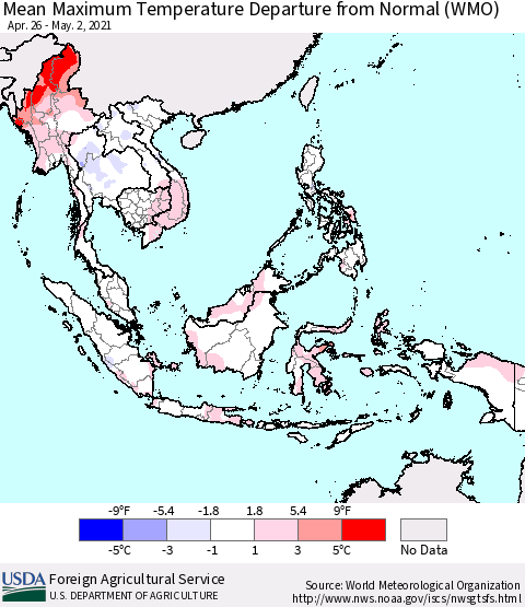 South East Asia Mean Maximum Temperature Departure from Normal (WMO) Thematic Map For 4/26/2021 - 5/2/2021