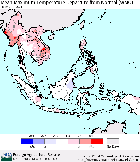 South East Asia Mean Maximum Temperature Departure from Normal (WMO) Thematic Map For 5/3/2021 - 5/9/2021