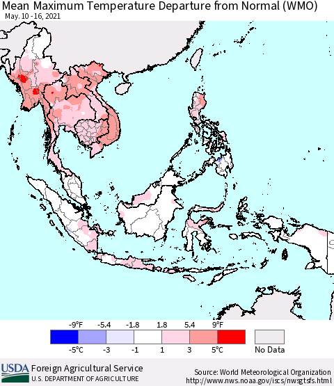 South East Asia Mean Maximum Temperature Departure from Normal (WMO) Thematic Map For 5/10/2021 - 5/16/2021
