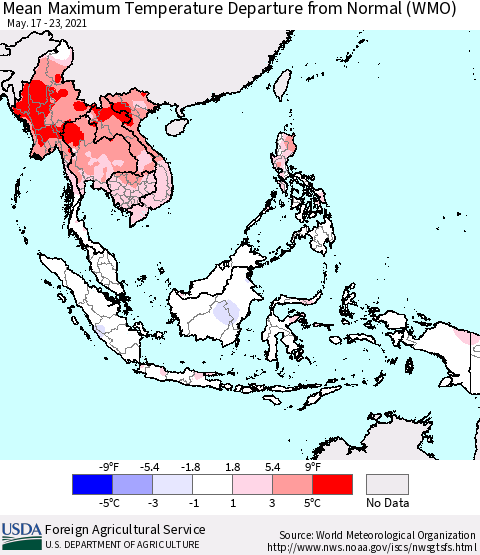South East Asia Mean Maximum Temperature Departure from Normal (WMO) Thematic Map For 5/17/2021 - 5/23/2021