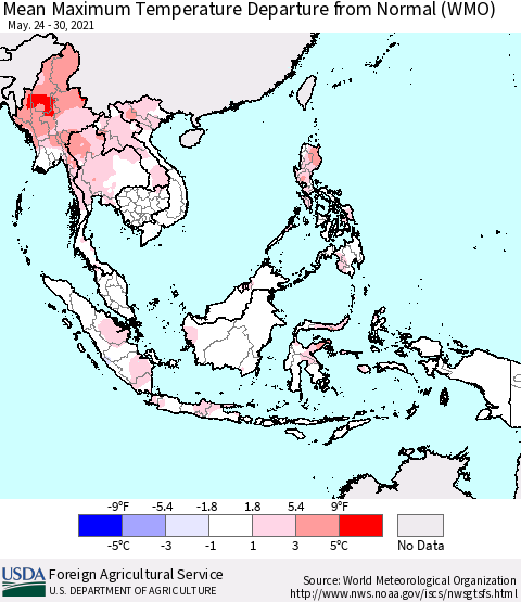 South East Asia Mean Maximum Temperature Departure from Normal (WMO) Thematic Map For 5/24/2021 - 5/30/2021