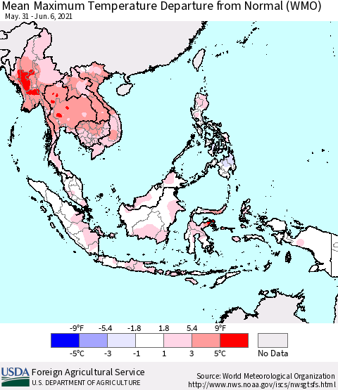 South East Asia Mean Maximum Temperature Departure from Normal (WMO) Thematic Map For 5/31/2021 - 6/6/2021