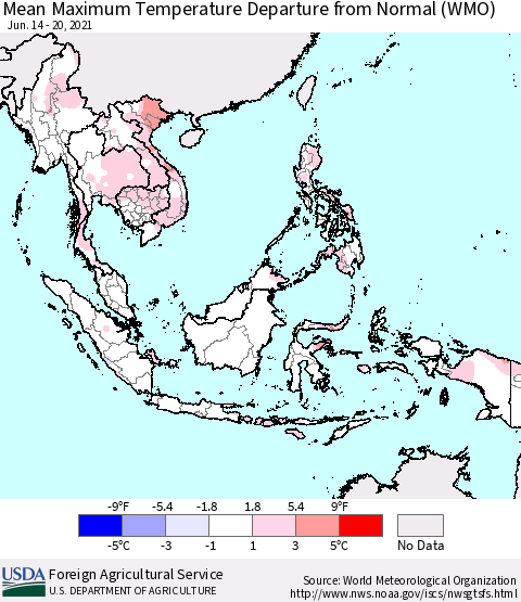 South East Asia Mean Maximum Temperature Departure from Normal (WMO) Thematic Map For 6/14/2021 - 6/20/2021