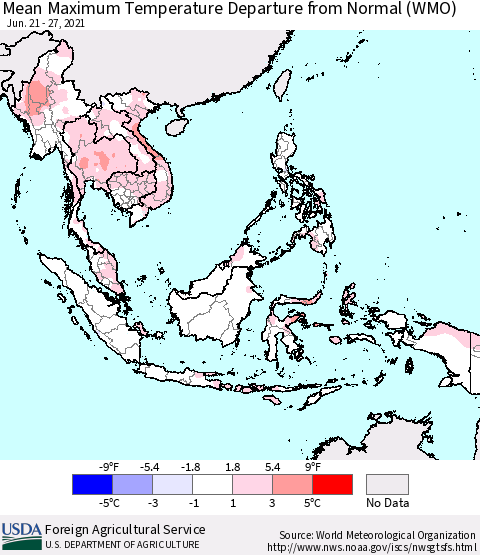 South East Asia Mean Maximum Temperature Departure from Normal (WMO) Thematic Map For 6/21/2021 - 6/27/2021