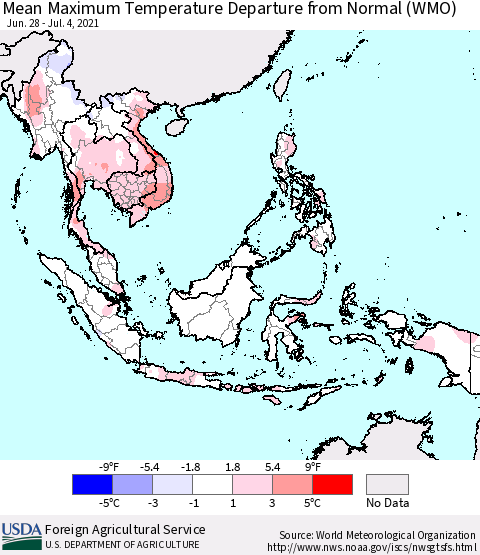 South East Asia Mean Maximum Temperature Departure from Normal (WMO) Thematic Map For 6/28/2021 - 7/4/2021