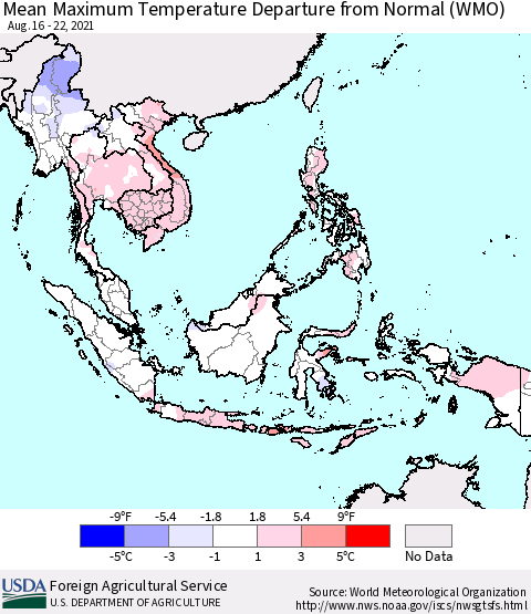 South East Asia Mean Maximum Temperature Departure from Normal (WMO) Thematic Map For 8/16/2021 - 8/22/2021