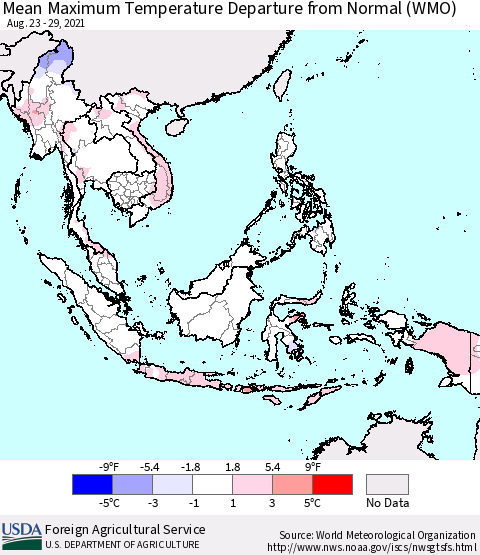 South East Asia Mean Maximum Temperature Departure from Normal (WMO) Thematic Map For 8/23/2021 - 8/29/2021