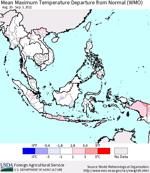 South East Asia Mean Maximum Temperature Departure from Normal (WMO) Thematic Map For 8/30/2021 - 9/5/2021