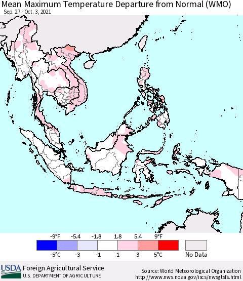 South East Asia Mean Maximum Temperature Departure from Normal (WMO) Thematic Map For 9/27/2021 - 10/3/2021