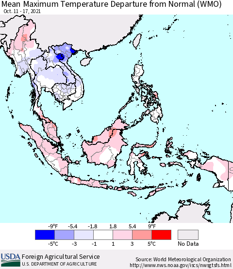 South East Asia Mean Maximum Temperature Departure from Normal (WMO) Thematic Map For 10/11/2021 - 10/17/2021