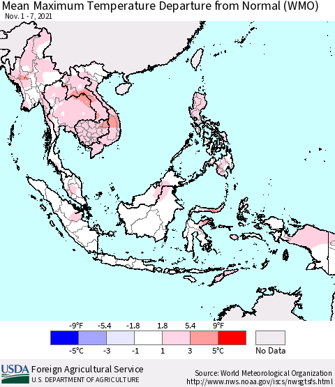 South East Asia Mean Maximum Temperature Departure from Normal (WMO) Thematic Map For 11/1/2021 - 11/7/2021