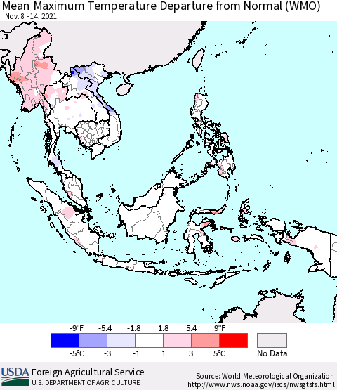 South East Asia Mean Maximum Temperature Departure from Normal (WMO) Thematic Map For 11/8/2021 - 11/14/2021