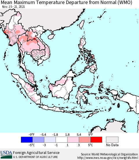 South East Asia Mean Maximum Temperature Departure from Normal (WMO) Thematic Map For 11/15/2021 - 11/21/2021