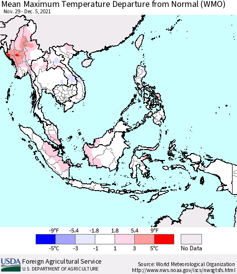 South East Asia Mean Maximum Temperature Departure from Normal (WMO) Thematic Map For 11/29/2021 - 12/5/2021