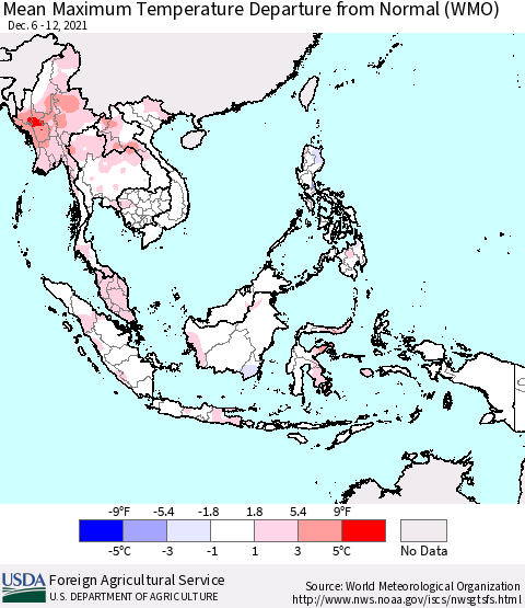 South East Asia Mean Maximum Temperature Departure from Normal (WMO) Thematic Map For 12/6/2021 - 12/12/2021