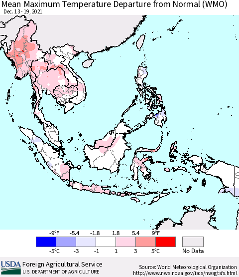South East Asia Mean Maximum Temperature Departure from Normal (WMO) Thematic Map For 12/13/2021 - 12/19/2021