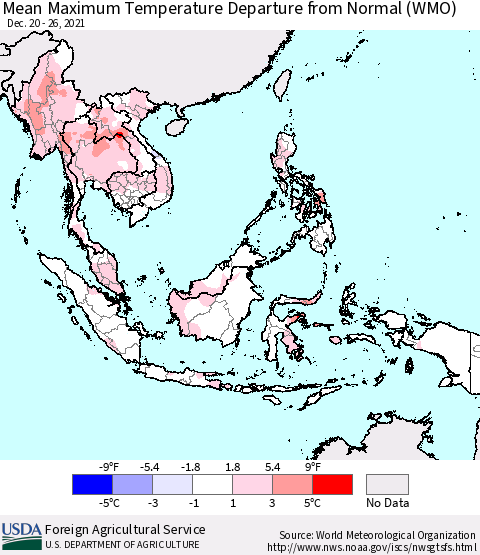 South East Asia Mean Maximum Temperature Departure from Normal (WMO) Thematic Map For 12/20/2021 - 12/26/2021
