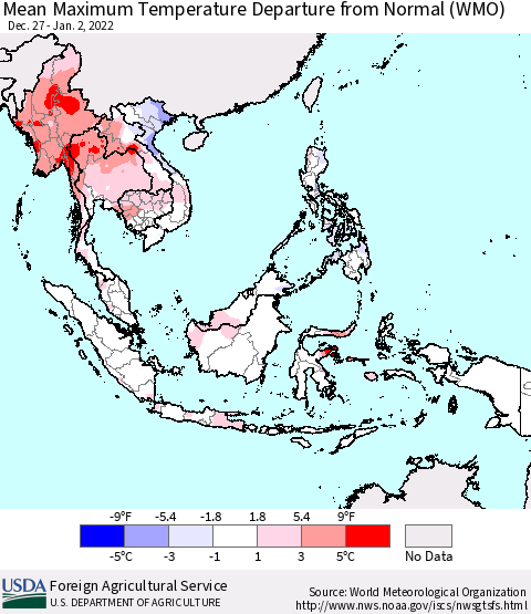 South East Asia Mean Maximum Temperature Departure from Normal (WMO) Thematic Map For 12/27/2021 - 1/2/2022
