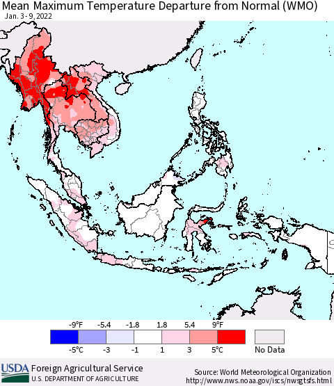 South East Asia Mean Maximum Temperature Departure from Normal (WMO) Thematic Map For 1/3/2022 - 1/9/2022
