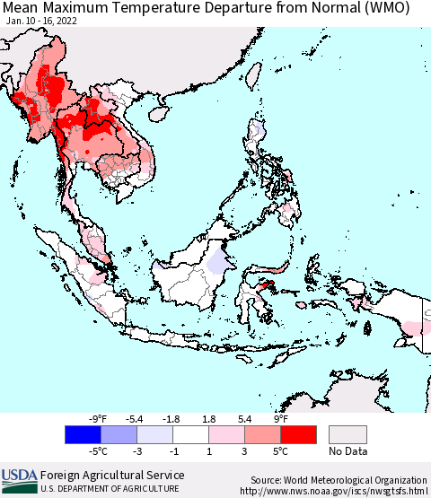 South East Asia Mean Maximum Temperature Departure from Normal (WMO) Thematic Map For 1/10/2022 - 1/16/2022