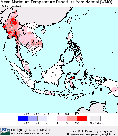 South East Asia Mean Maximum Temperature Departure from Normal (WMO) Thematic Map For 1/17/2022 - 1/23/2022
