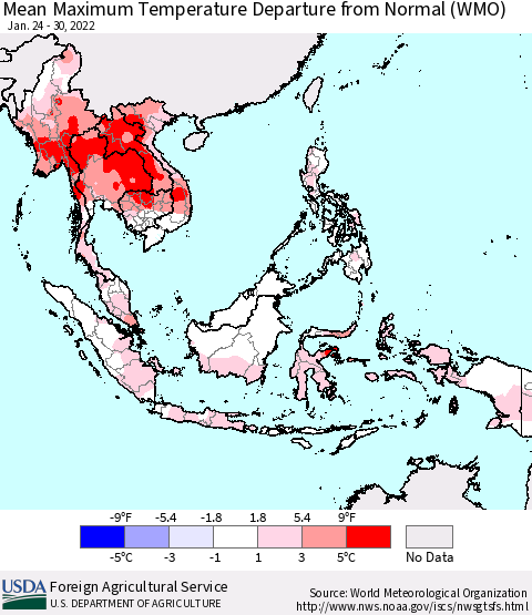 South East Asia Mean Maximum Temperature Departure from Normal (WMO) Thematic Map For 1/24/2022 - 1/30/2022