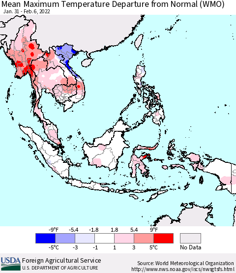 South East Asia Mean Maximum Temperature Departure from Normal (WMO) Thematic Map For 1/31/2022 - 2/6/2022