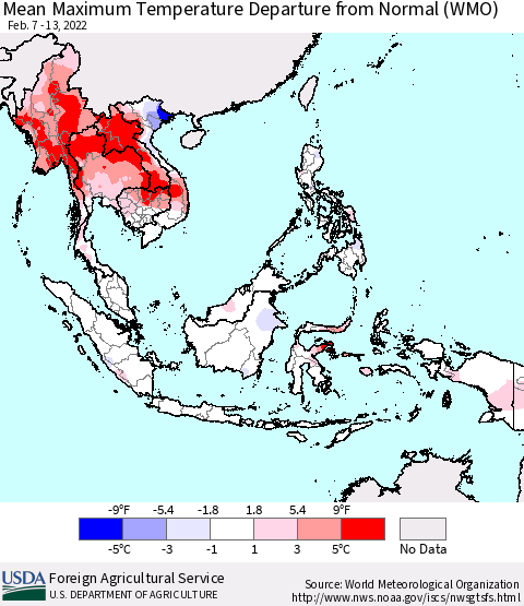 South East Asia Mean Maximum Temperature Departure from Normal (WMO) Thematic Map For 2/7/2022 - 2/13/2022