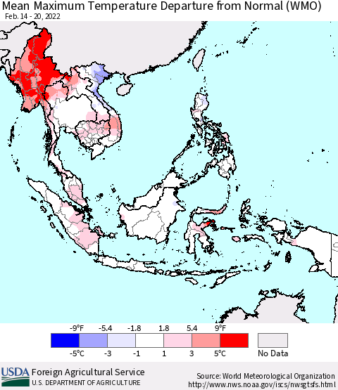 South East Asia Mean Maximum Temperature Departure from Normal (WMO) Thematic Map For 2/14/2022 - 2/20/2022