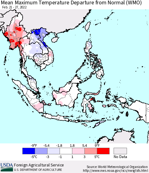 South East Asia Mean Maximum Temperature Departure from Normal (WMO) Thematic Map For 2/21/2022 - 2/27/2022