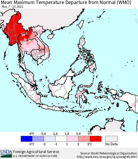 South East Asia Mean Maximum Temperature Departure from Normal (WMO) Thematic Map For 3/7/2022 - 3/13/2022