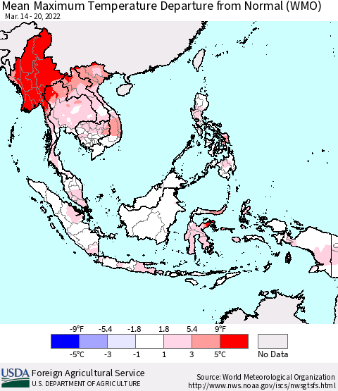 South East Asia Mean Maximum Temperature Departure from Normal (WMO) Thematic Map For 3/14/2022 - 3/20/2022