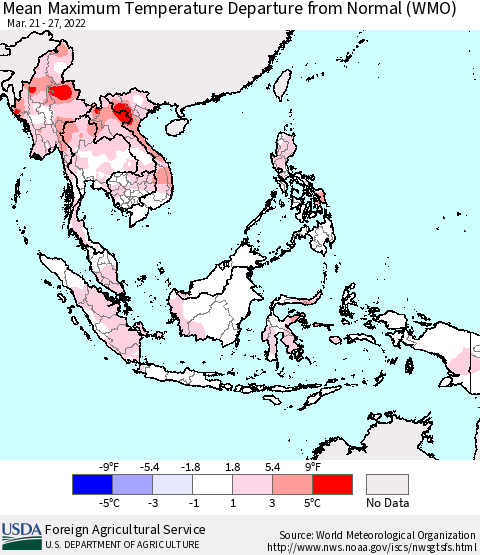 South East Asia Mean Maximum Temperature Departure from Normal (WMO) Thematic Map For 3/21/2022 - 3/27/2022